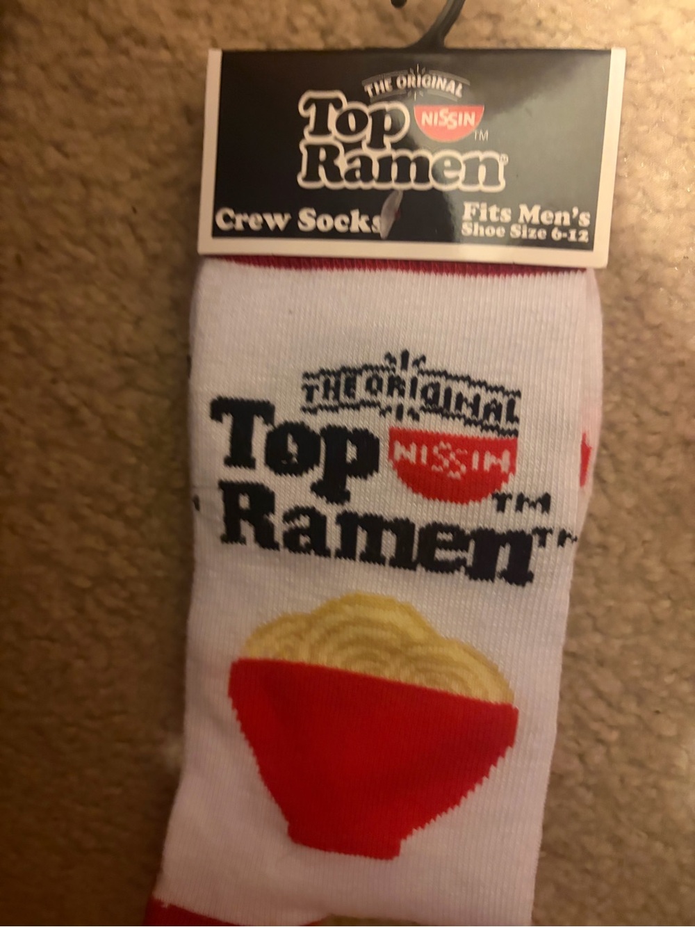 Top Ramen Men's White Crew Socks with Red Bowl Graphic